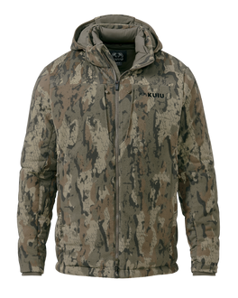 Front of Super Down Haven Hooded Jacket in Veros Camouflage