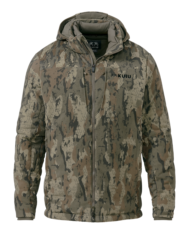 Front of Super Down Haven Hooded Jacket in Veros Camouflage