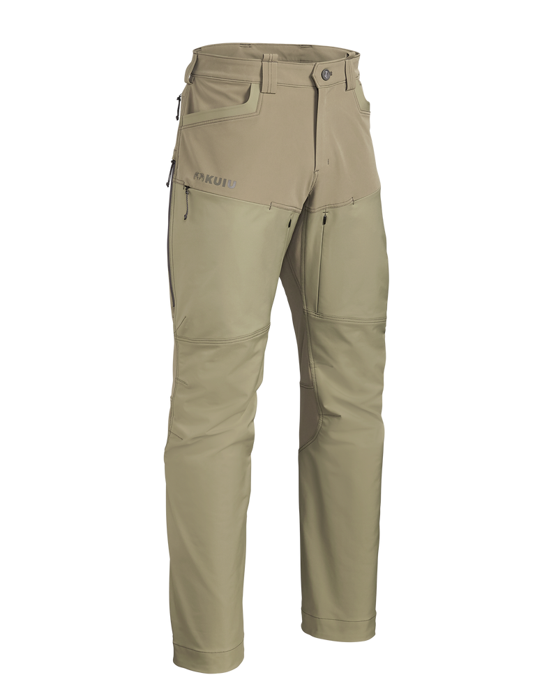 Front of PRO Brush Pant in Khaki shown without suspenders