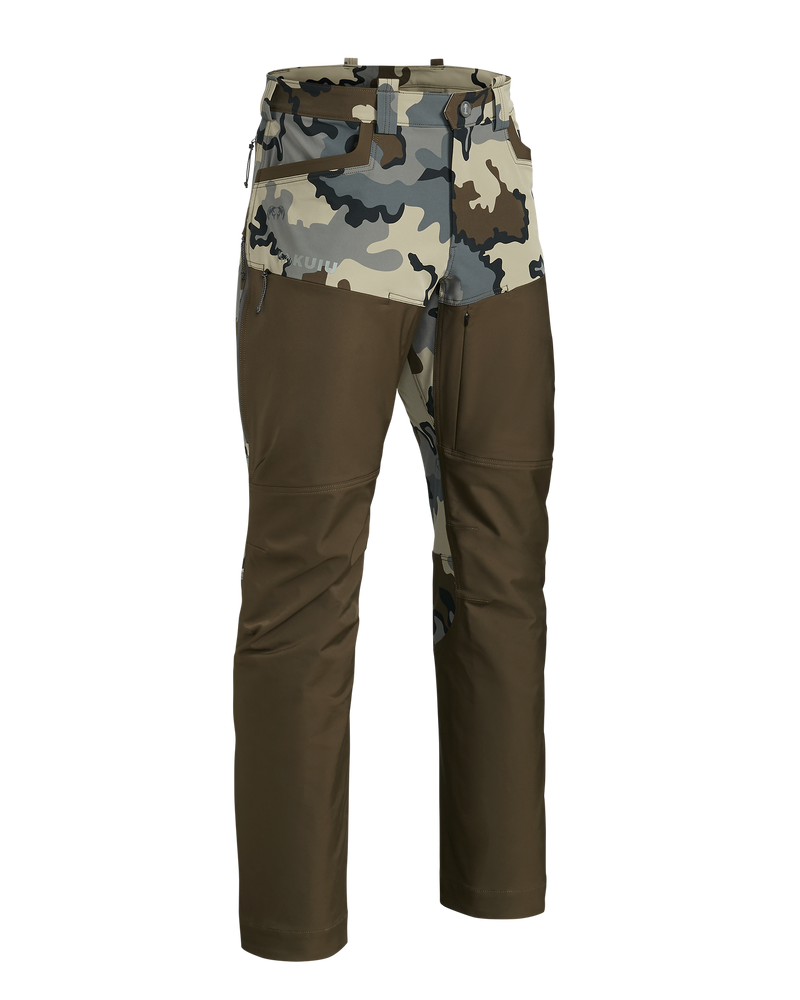 Front of PRO Brush Pant in Vias Camouflage shown without suspenders