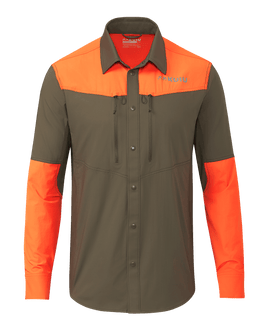 Front of KUIU Upland Sport Shirt in Major Brown/Blaze Orange