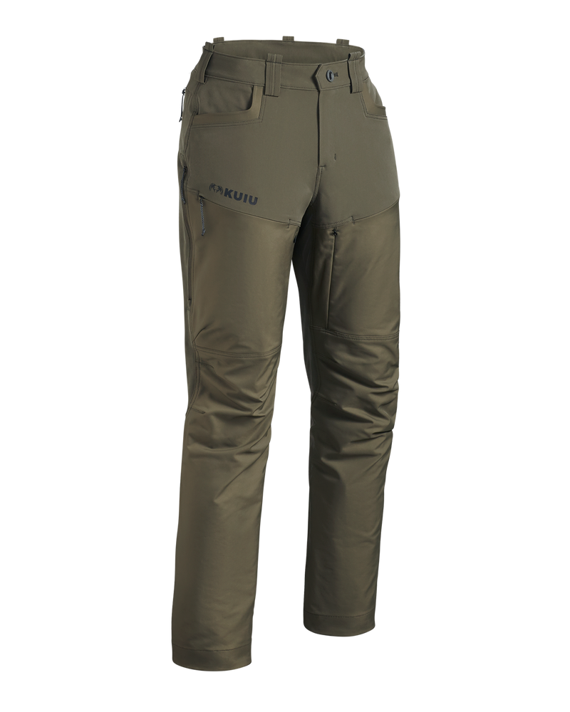 Front of Women's PRO Brush Pant in Ash Brown shown without suspenders