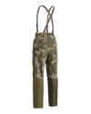 Back of Women's PRO Brush Pant in Valo Camouflage with suspenders and open hip vent