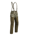 Front of Women's PRO Brush Pant in Valo Camouflage shown with suspenders in position two