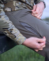 Unzipped hip vents on StrongFleece 290 Layering Pant in Ash Brown