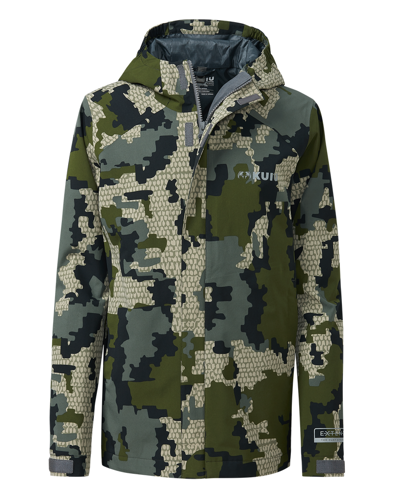 Front of Youth Versa Rain Jacket in Verde Camouflage