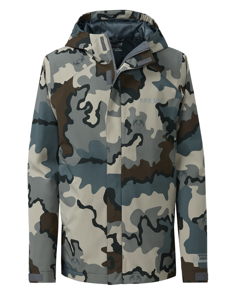 Front of Youth Versa Rain Jacket in Vias Camouflage