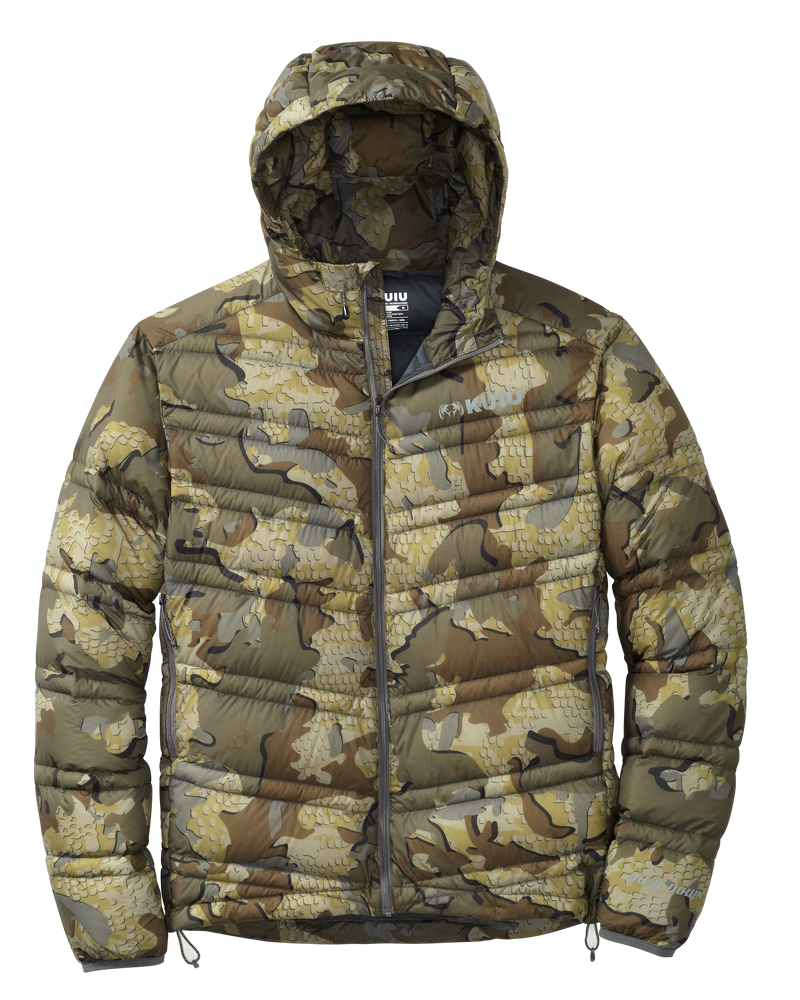 Front of Super Down Ultra Hooded Jacket in Valo Camouflage