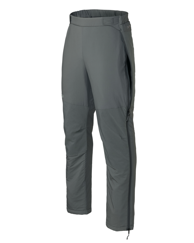 Front of Kenai Pant in Gunmetal Grey with full length leg zipper partially open near hip