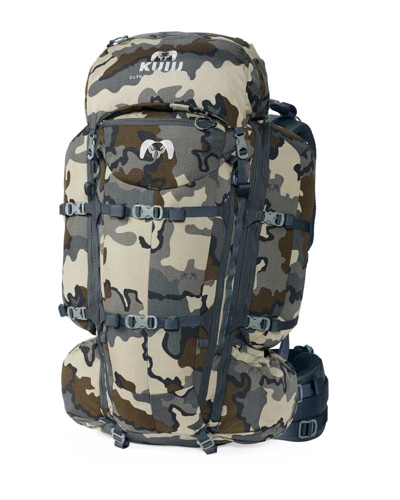 Front of PRO 7800 Pack Full Kit in Vias Camouflage with Phantom Color Suspension and a detachable compression lid 