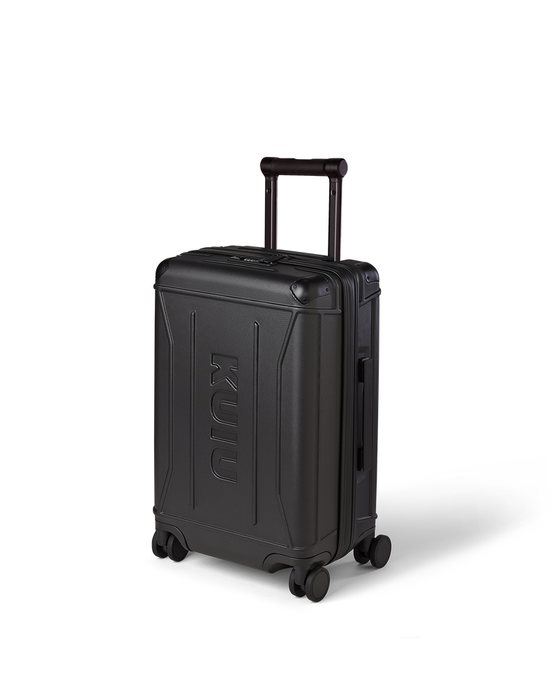 Angle view of Hardline Spinner Carry-On in Black, shown with handle down.