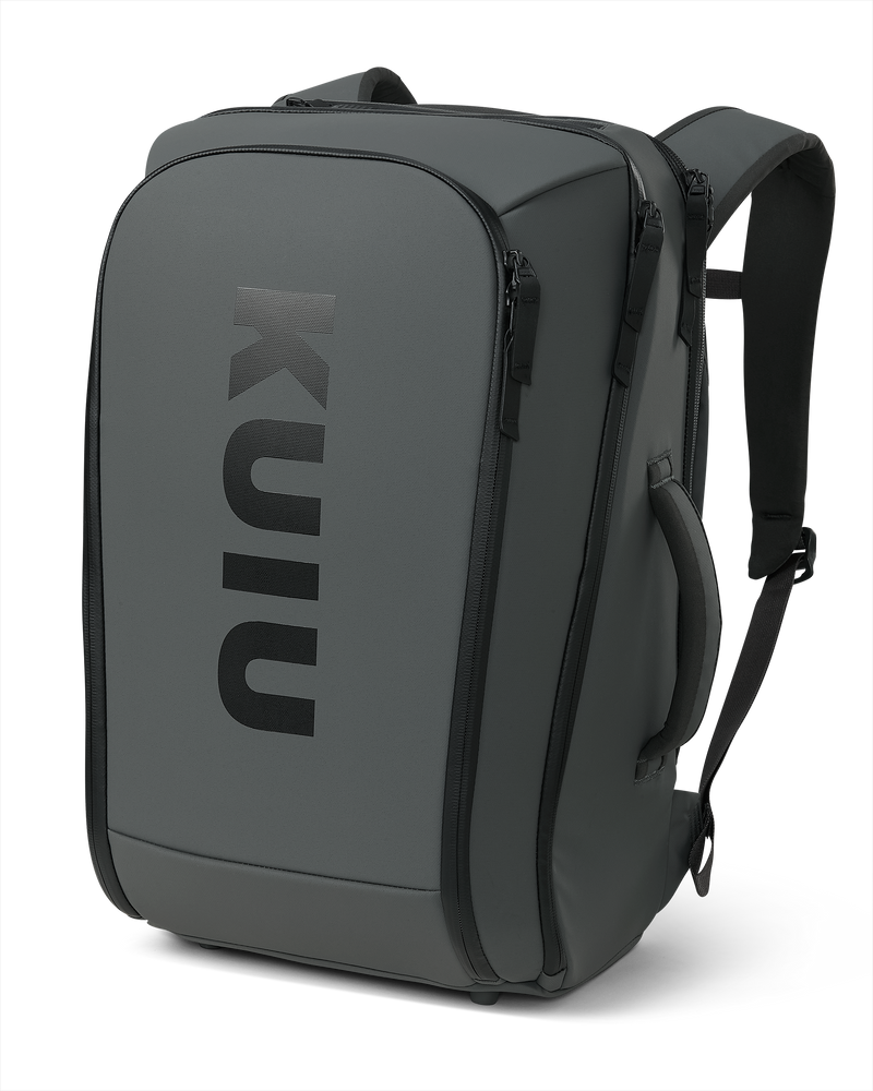 Angled view of Waypoint Travel Backpack in Gunmetal Grey