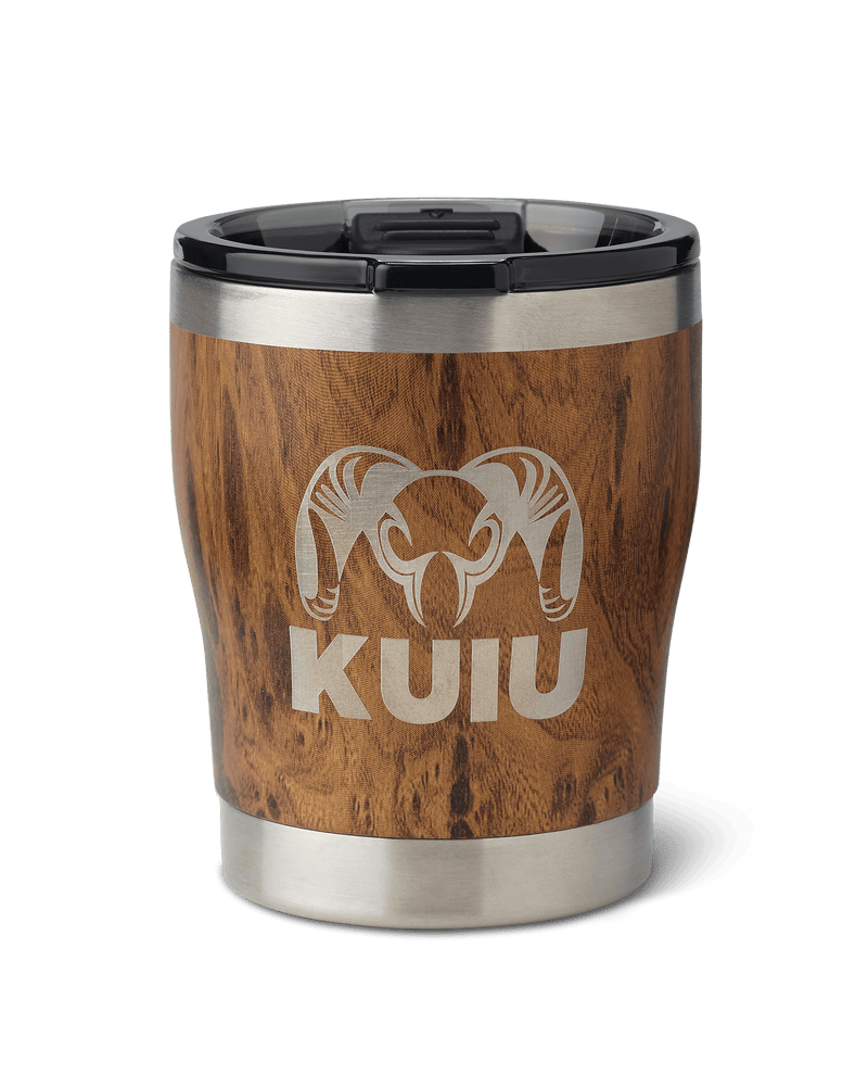 Front of  KUIU 10 oz Rocks Tumbler in Wood Brown