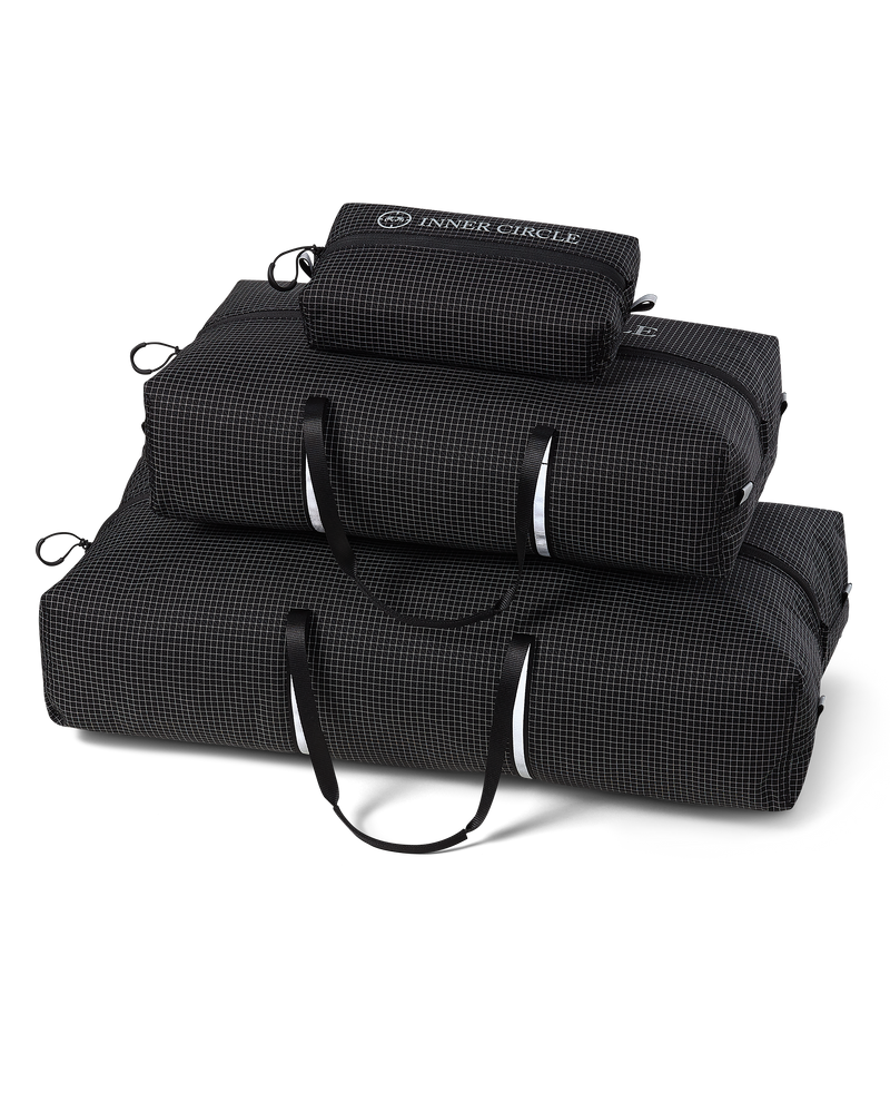 Three nested Inner Circle Extrema Bag Set with a fine checkered pattern, featuring white handles and zippers. The top bag shows the brand name 'INNER CIRCLE'.