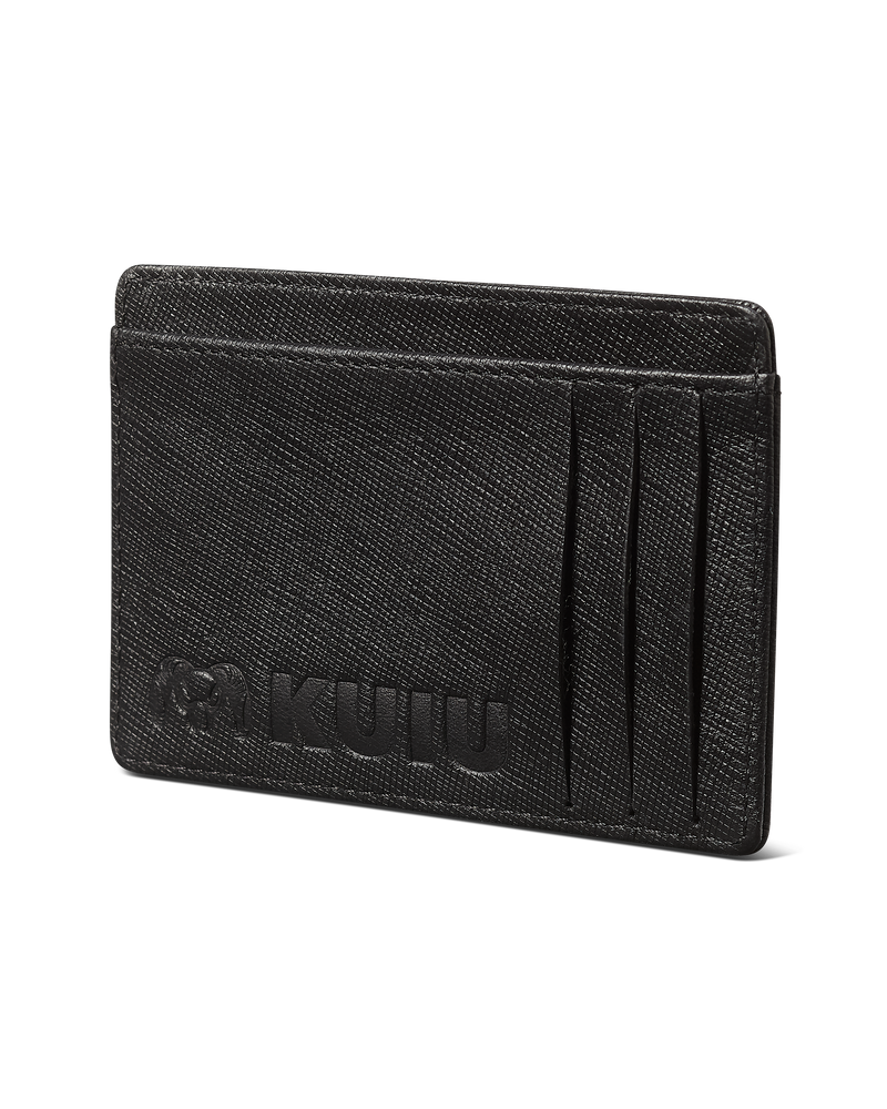 KUIU Leather Cardholder wallet in Black with three vertical card slots and an embossed 'KUIU' logo on the front.