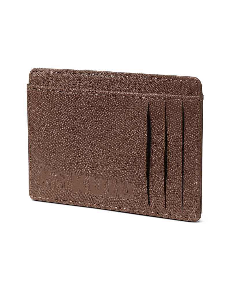 KUIU Leather Cardholder wallet in Brown with three vertical card slots and an embossed 'KUIU' logo on the front.