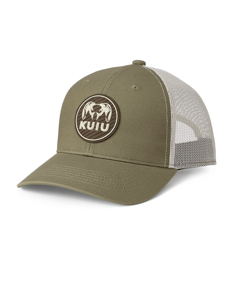 Front of KUIU Circle Patch Hat in Light Olive Green with Cream Mesh Backing, Olive Green front paneling, Olive Green bill, and dark brown circular silicone patch with KUIU Logo.