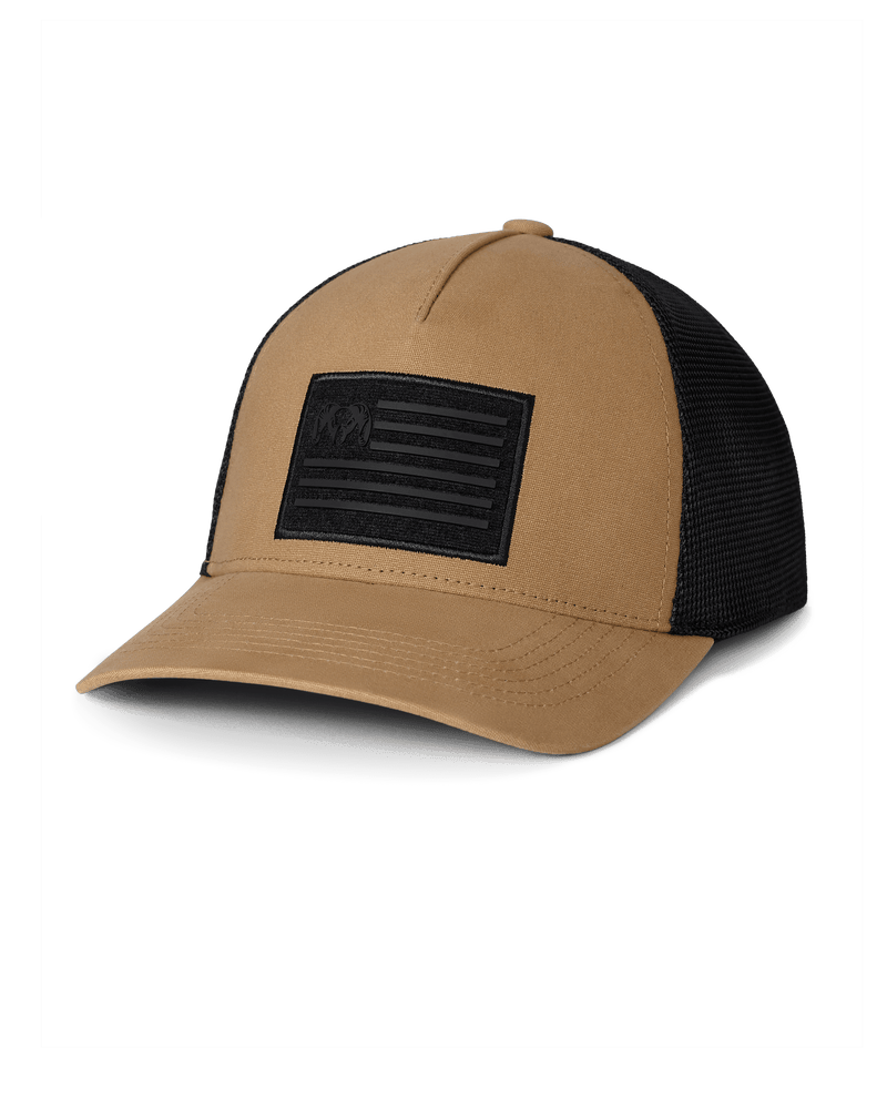 Front of Welded Flag Patch Hat in Mustard Yellow with Black Patch and Black Mesh Back