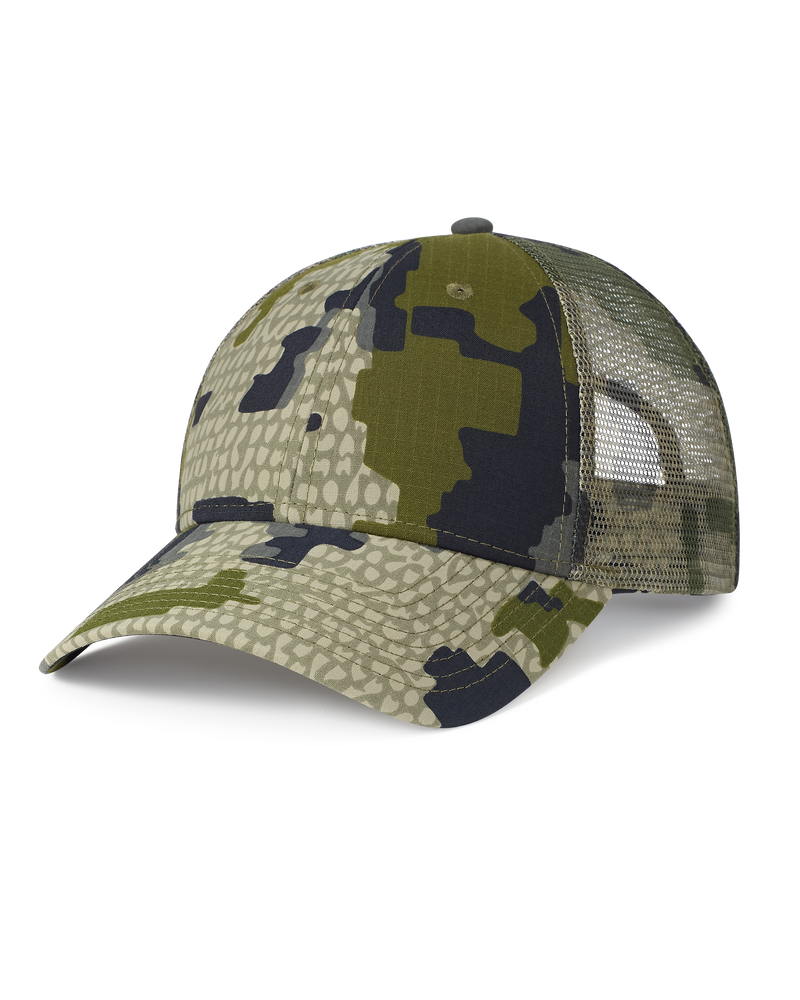 Front of Blank KUIU Cordura Trucker Hat in Verde Camouflage