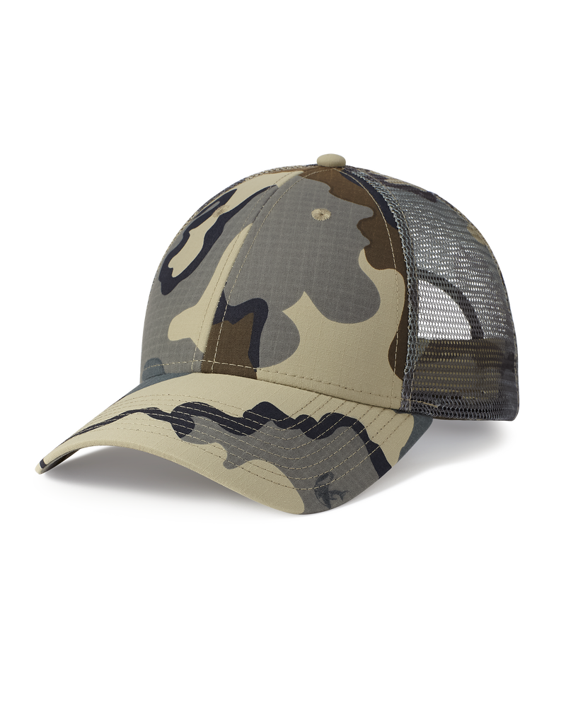 Front of Blank KUIU Cordura Trucker Hat in Vias Camouflage