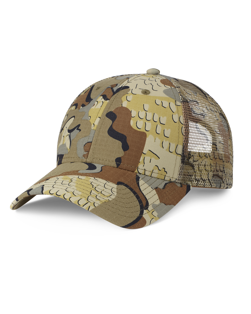 Front of Blank KUIU Cordura Trucker Hat in Valo Camouflage