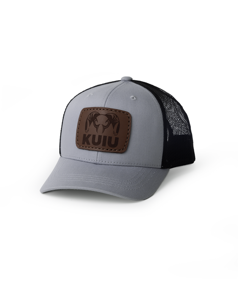Front of Youth Leather Patch Mesh Back Hat in Heather Grey/Black