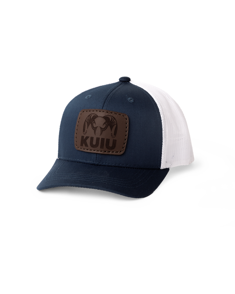 Front of Youth Leather Patch Mesh Back Hat in Navy/White