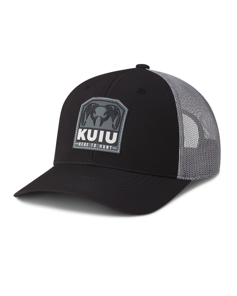 Front of KUIU Here to Hunt Patch Hat in Black/Grey Color