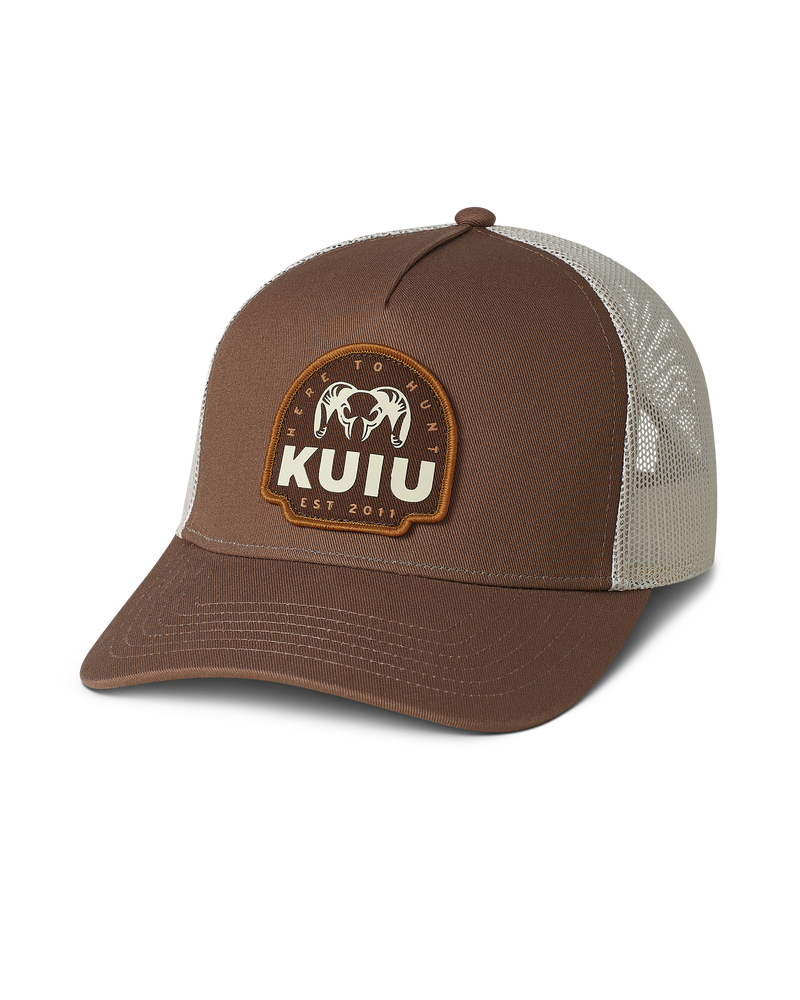 Front of KUIU Here to Hunt Woven Patch Hat in Brown/Tan