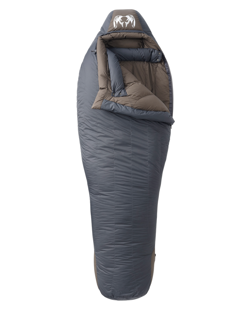 Front of Super Down Sleeping Bag 0 Degree in Phantom Grey and Major Brown