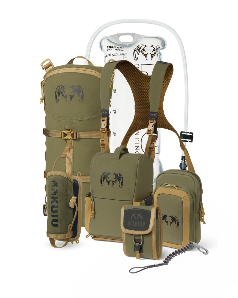 PRO G3 Bino Harness Field Ready Set in Evergreen, Includes: KUIU Platypus 3L Hoser, PRO G3 Bino Harness, PRO G3 Phone Holder, PRO G3 Bear Spray Holder, Rangefinder Lanyard, PRO G3 Rangefinder Holder, PRO G3 Hydration Rig