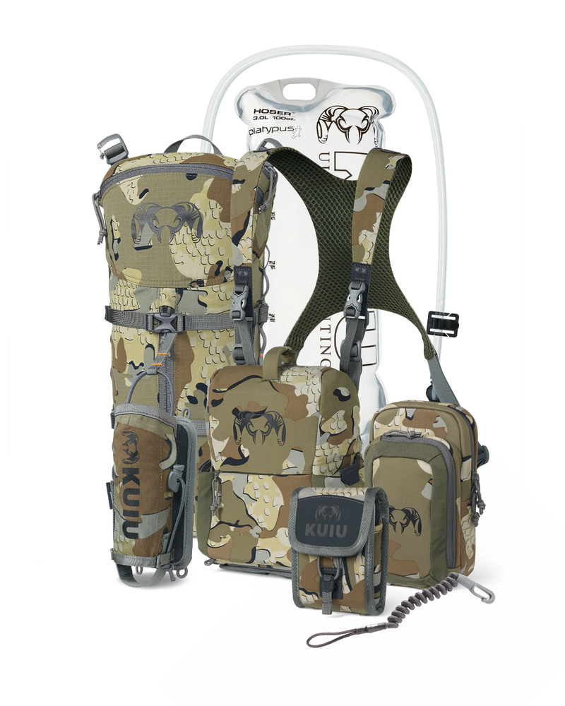 PRO G3 Bino Harness Field Ready Set in Valo Camouflage, Includes: KUIU Platypus 3L Hoser, PRO G3 Bino Harness, PRO G3 Phone Holder, PRO G3 Bear Spray Holder, Rangefinder Lanyard, PRO G3 Rangefinder Holder, PRO G3 Hydration Rig