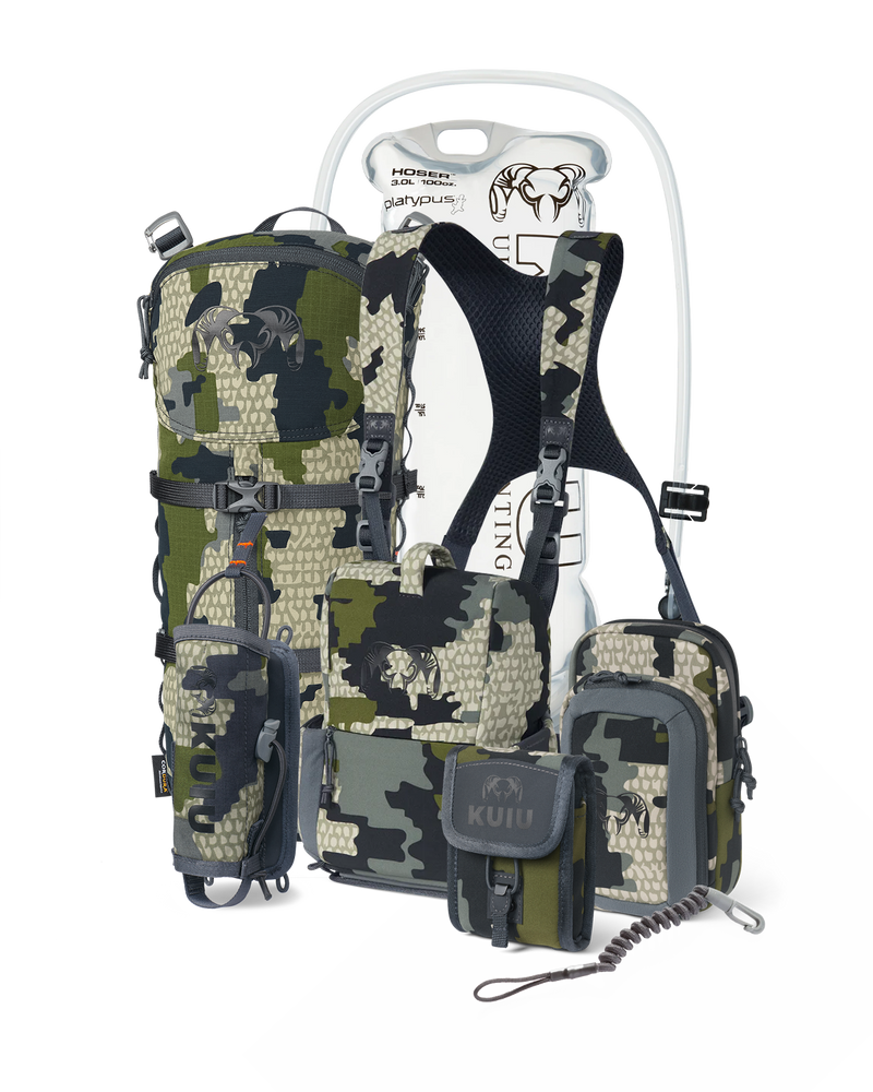 PRO G3 Bino Harness Field Ready Set in Verde Camouflage, Includes: KUIU Platypus 3L Hoser, PRO G3 Bino Harness, PRO G3 Phone Holder, PRO G3 Bear Spray Holder, Rangefinder Lanyard, PRO G3 Rangefinder Holder, PRO G3 Hydration Rig