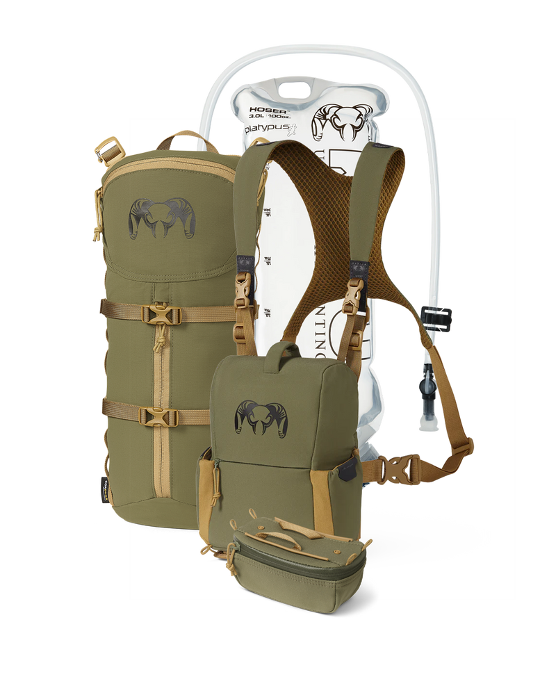 PRO G3 Bino Hydration Set in Evergreen Color, Incudes: PRO G3 Bino Harness, KUIU Platypus 3L Hoser, PRO G3 Bino Harness Accessory Pocket, PRO G3 Hydration Rig