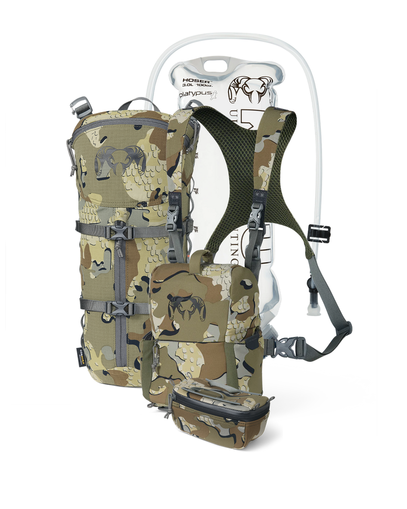 PRO G3 Bino Hydration Set in Valo Camouflage, Incudes: PRO G3 Bino Harness, KUIU Platypus 3L Hoser, PRO G3 Bino Harness Accessory Pocket, PRO G3 Hydration Rig