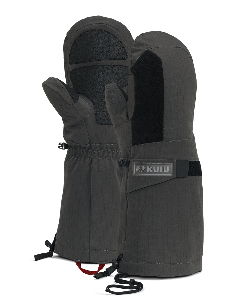 A pair of Super Down Arktuk in Asphalt Grey with one glove showing the palm and the other showing the back side