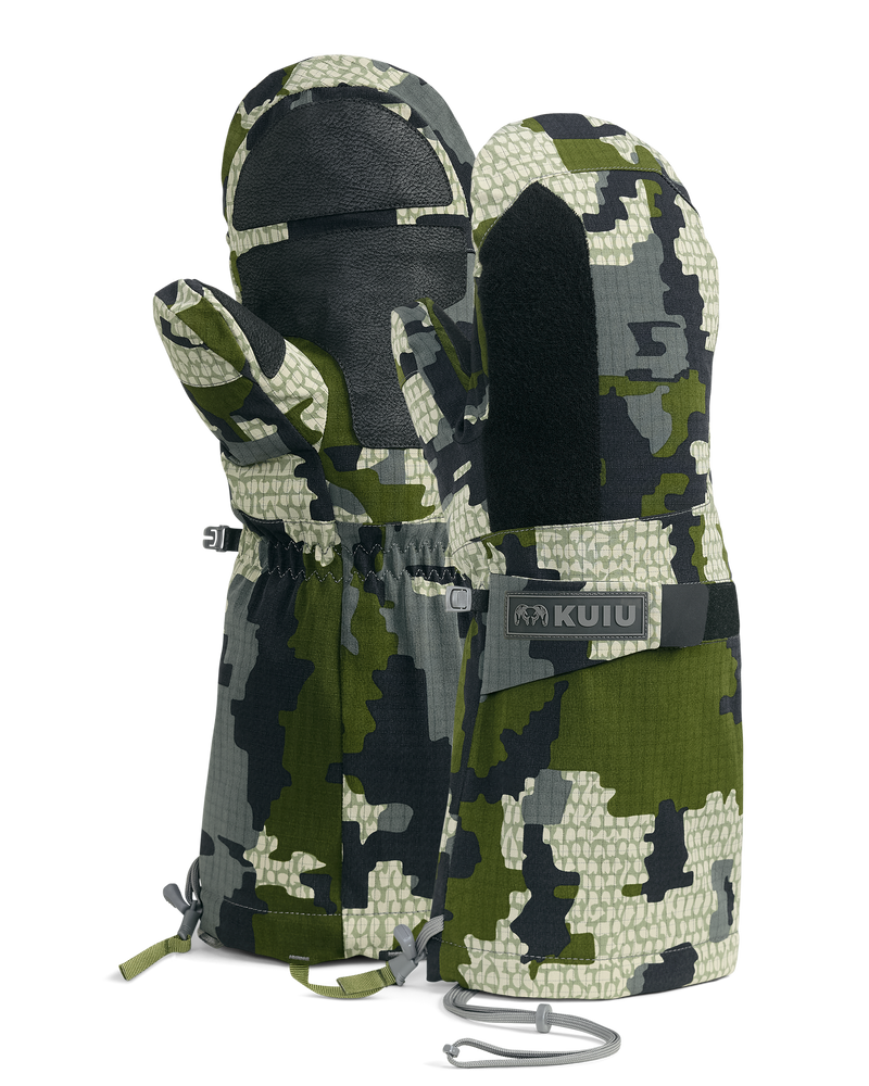A pair of Super Down Arktuk in Verde Camouflage with one glove showing the palm and the other showing the back side