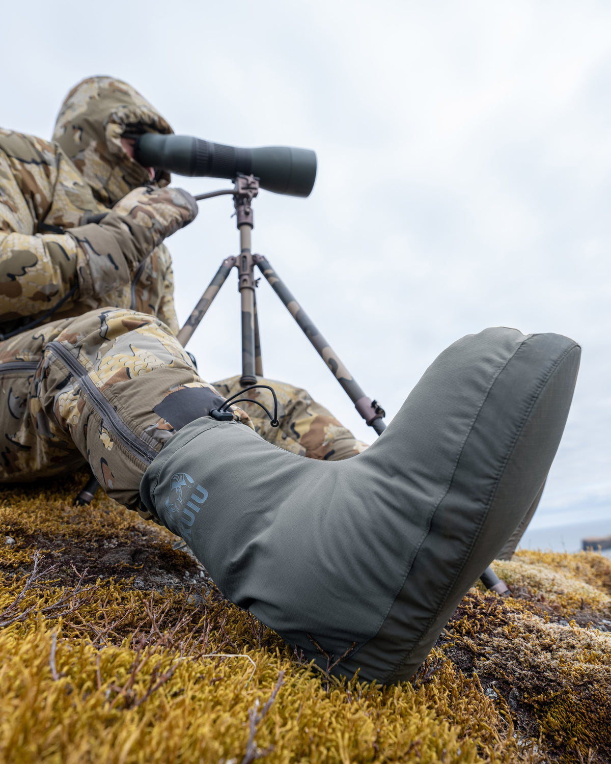 best down booties for hiking backpacking KUIU Super Down Burner Bootie in Gunmetal