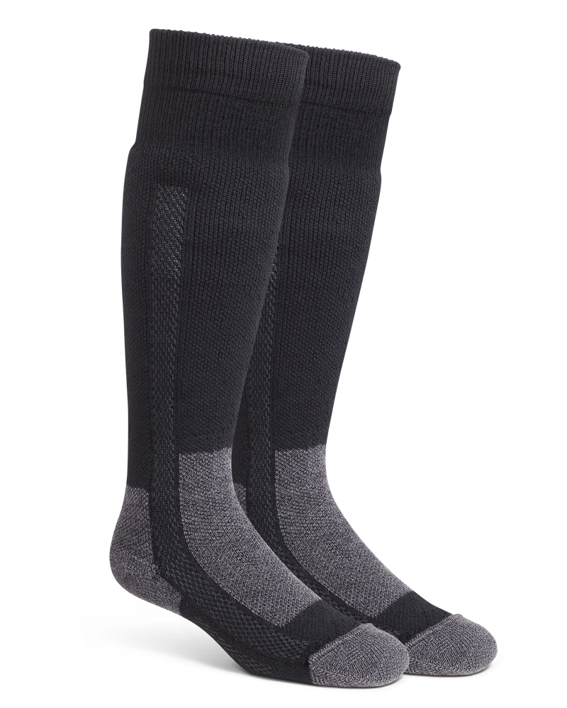 A pair of Ultra Merino Heavy Weight Socks in black and gray, shown from a three-quarters angle.