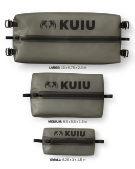 All three different size HD Zip Dry Bags in Stone Grey, size Small: 6.25 x 3 x 1.5 inches, Medium: 8.5 x 5.5 x 1.5 inches, and Large: 15 x 6.75 x 2.5 inches