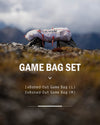 Game bag fully loaded on rocks with text stating that you are viewing a game bag set card