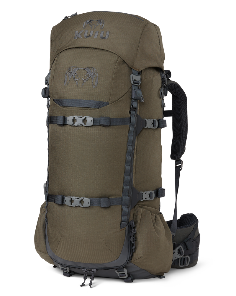 Front of PRO Divide 4500 Pack in Ash Brown with suspension, carbon fiber frame and a detachable compression lid