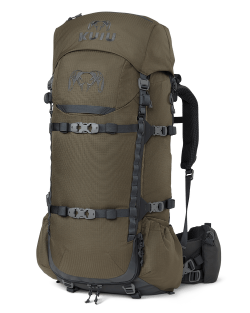 Front of PRO Divide 4500 Bag in Ash Brown with suspension, hip belt pouches, and lid