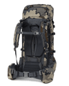 Back of PRO Divide 4500 Pack in Vias Camouflage showing suspension, carbon fiber frame, hip pouches, and lid
