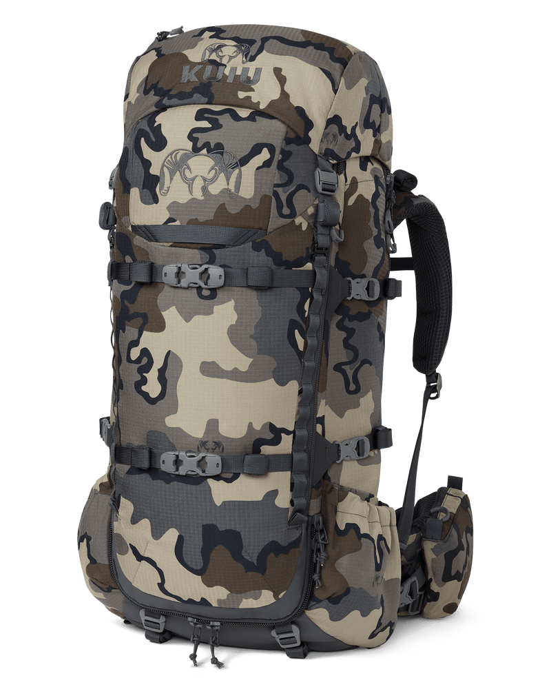 Front of PRO Divide 4500 Bag in Vias Camoufage with suspension, hip belt pouches, with lid