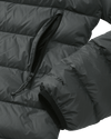 Lower Front of Super Down LT Jacket in Gunmetal Grey Highlighting Stretch Bound Wrist Cuff and Zippered Hand Pocket