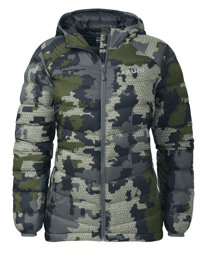 Front of Women's Super Down LT Hooded Jacket in Verde Camouflage