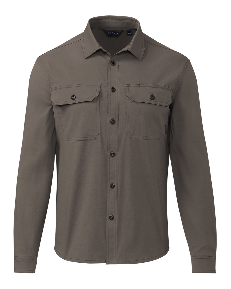 Front of Motive LS Workgrade Shirt in Rodeo Brown