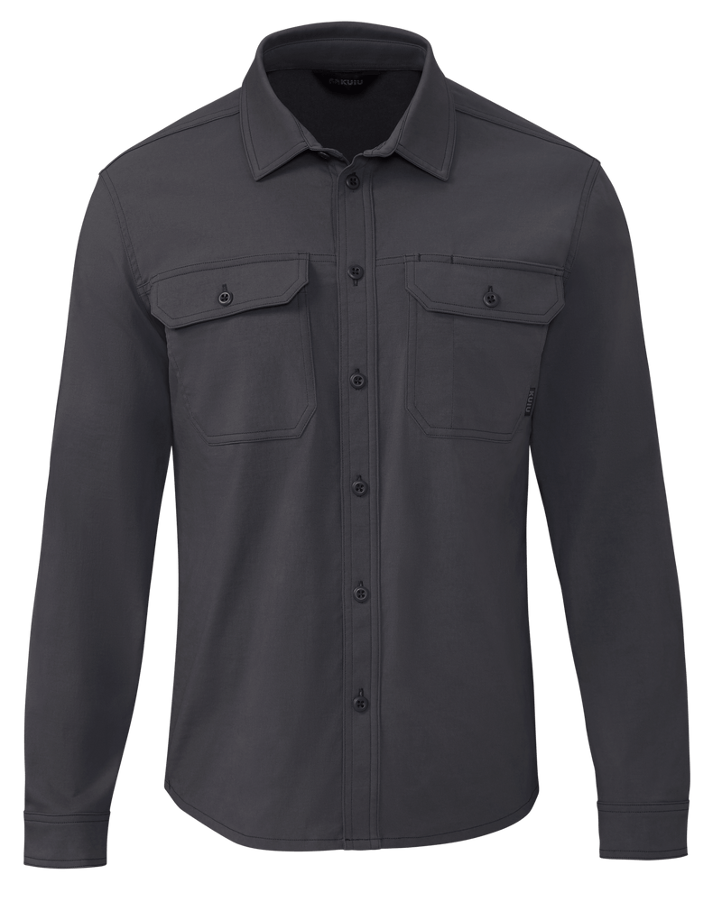 Dark grey collared button down long sleeve shirt with two button closure chest pockets
