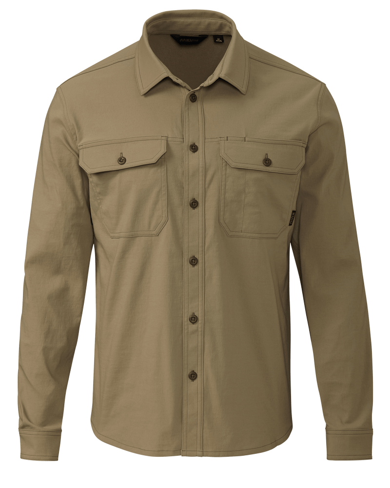 Khaki collared button down long sleeve shirt with two button closure chest pockets
